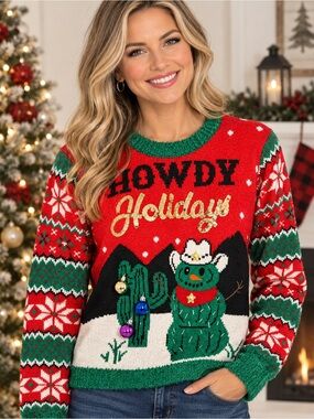 🎄PLANET HEART Howdy Holidays Women’s Cowboy Cactus Ugly Christmas Sweater Sz M 🎄